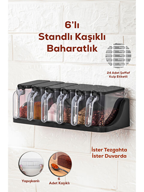 Porsima 1183 6 Lı Standlı Etiketli Kendinden Yapışkanlı Kapaklı Kaşıklı Baharatlık Takımı -baharatlık - S000295316-22238