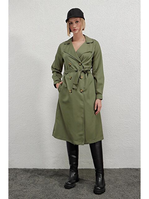 Hazelin Kadın Çağla Kruvaze Yaka Kemerli Astarsız Mevsimlik Rahat Trençkot HZL22S-BD158531 - S000045017-19981
