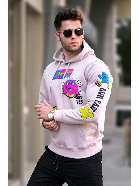 Madmext Bej Baskılı Kapüşonlu Erkek Hoodie 5896 - S000049787-19928