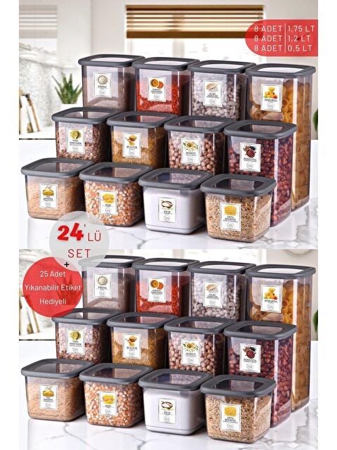 Nandy Home 24'Lü Set Etiketli, Kırılmaz Kare Erzak Saklama Kabı ANTRASİT x8 1,75 Lt/1,2 Lt/0,5 Lt - S000008013-29666