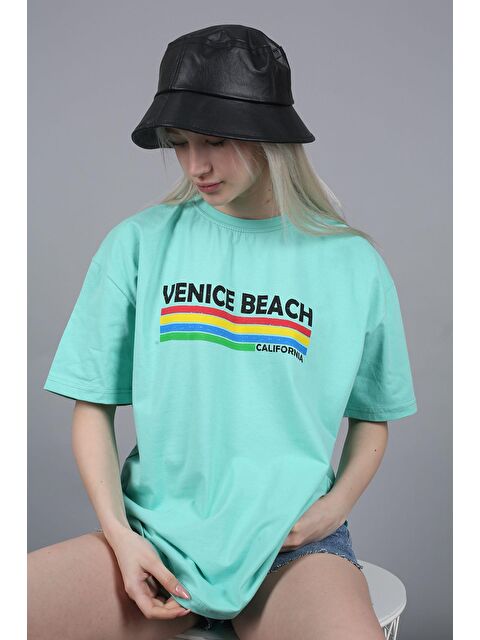 Madmext Mint Yeşili Baskılı Over Fit Tişört Mg1516