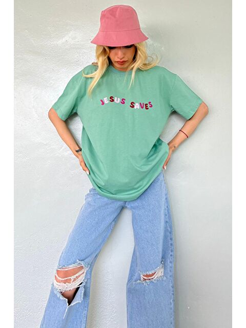 Madmext Mint Yeşili Baskılı Oversize Tişört Mg1517