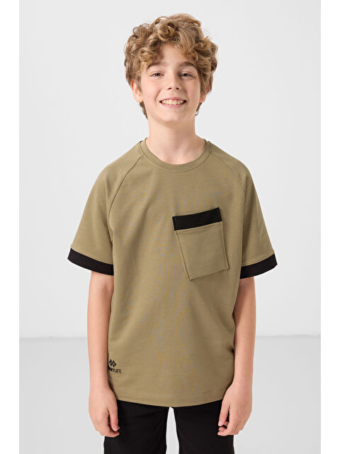 Tommylife Koyu Bej Pamuklu Yumuşak Dokulu Oversize Cep Detaylı Erkek Çocuk T-Shirt - 11295 - S000387202-19933