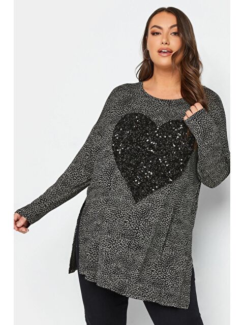 Stil Diva Büyük Beden Yırtmaç Detaylı Puantiyeli Payetli Uzun Kollu Bisiklet Yaka Bluz 302497 - S000065446-20600