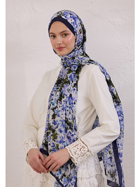 Fresh Scarfs Cherry Blossom Desen Rami Şal Gece Mavisi