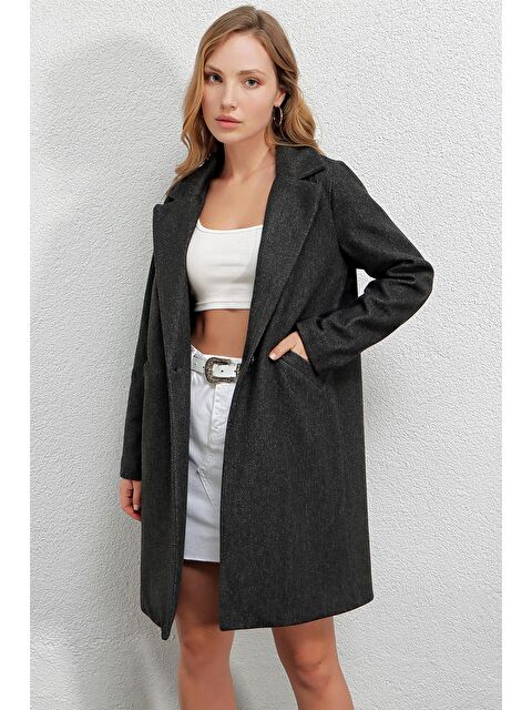 Hazelin Kadın Antrasit Tek Düğmeli Çift Cepli Astarlı Şık Kaşe Kaban HZL23W-BD190851 - S000040252-29666