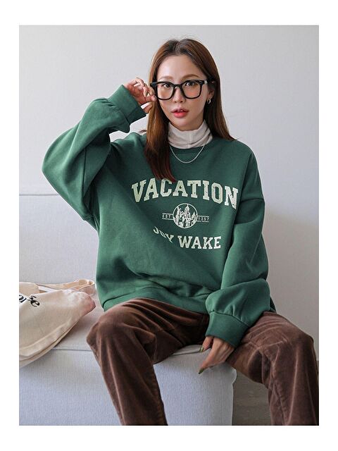 Trendseninle Kadın Yeşil Vacation Joy Wake Baskılı Oversize Bisiklet Yaka Sweatshirt - S000106711-18194