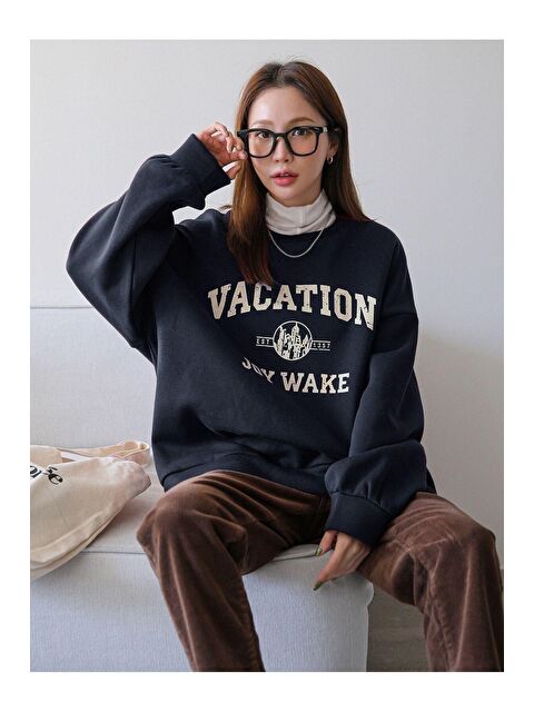 Trendseninle Kadın Lacivert Vacation Joy Wake Baskılı Oversize Bisiklet Yaka Sweatshirt - S000106711-21164