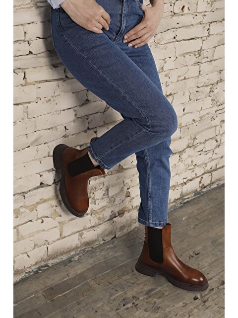 GÖNDERİ(R) TABA-KAHVERENGİ  Hakiki Deri Yuvarlak Burun Termo Taban Topuklu Kadın Günlük Chelsea Bot 51457 - S000067955-37454