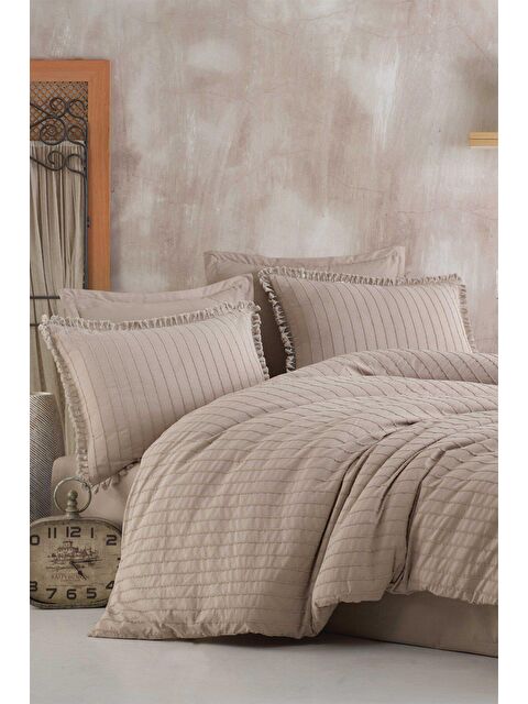 Nordqueen %100 Pamuk Çift Kişilik Püsküllü Nevresim Seti Estina Bej - S000059738-19928