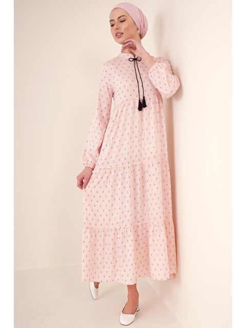Bigdart 1627 Yaka Bağcıklı Tesettür Elbise - Pudra - S000089374-23490