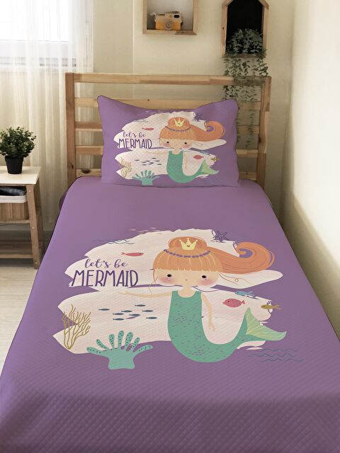 Evmila Deniz Kızı Desenli Baskılı Çocuk Tek Kişilik Pike Takımı Mor - S000041067-23173