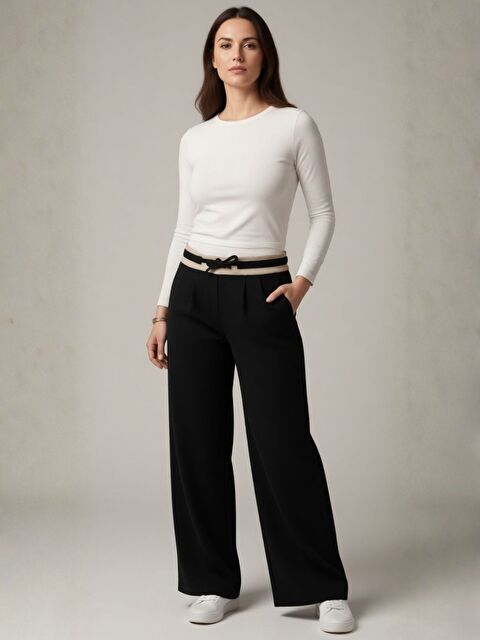 Trendseninle Kadın Siyah Selanik Kumaş Bol Kalıp Özel Bağcık Detay Pantolon - S000498946-19351