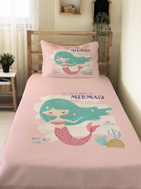 Evmila Deniz Kızı Desenli Baskılı Çocuk Tek Kişilik Pike Takımı Pembe - S000041068-23173