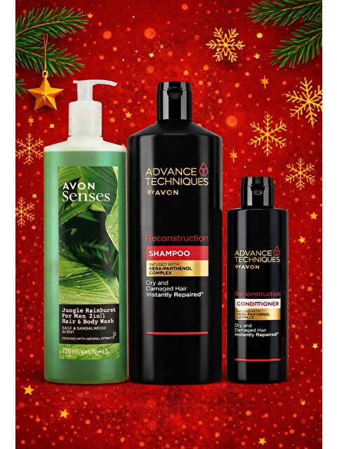 AVON Advance Techniques Onarıcı Şampuan Saç Kremi ve Erkek Saç ve Vücut Şampuanı Paketi - S000191138-10231