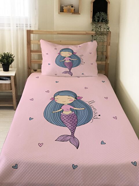 Evmila Deniz Kızı Desenli Baskılı Çocuk Tek Kişilik Pike Takımı Pembe - S000041070-23173