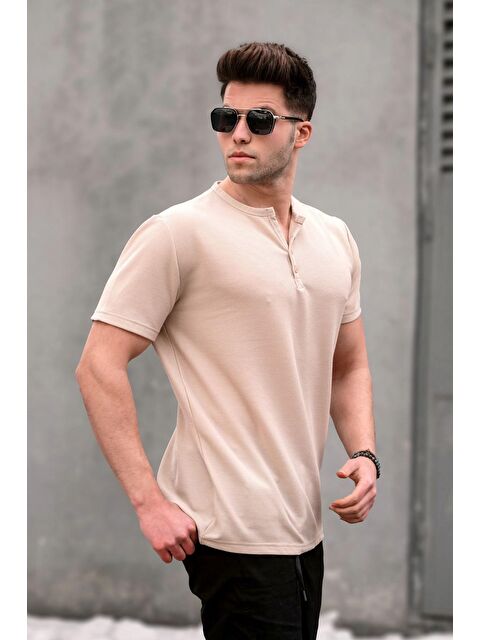 Madmext Bej Düğmeli Kısa Kollu Basic Erkek Tişört - S000015981-19928