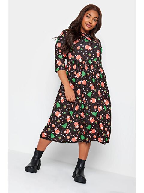 Stil Diva Büyük Beden Yılbaşı Temalı Bisiklet Yaka Yarım Kollu Maxi Boy Elbise 215927 - S000065479-19351