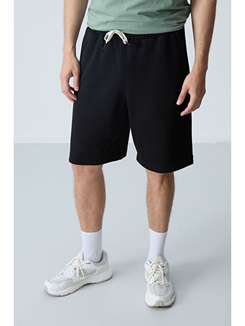 Tommylife Siyah Pamuklu Kalın Yumuşak Dokulu Standart Fit Basic Erkek Şort  - 81275 - S000231625-19351