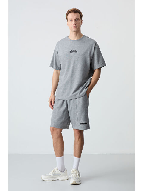 Air Jones Gri Melanj Pamuklu Kalın Yumuşak Dokulu Oversize Fit Basic Erkek Şort Takım - 85259 - S000330204-74