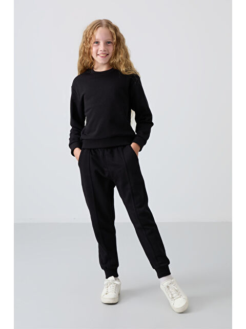 Tommylife Siyah Pamuklu İçi Tüylü Yumuşak Dokulu Oversize Nakışlı Kız Çocuk Eşofman Takım - 75145 - S000330222-19351