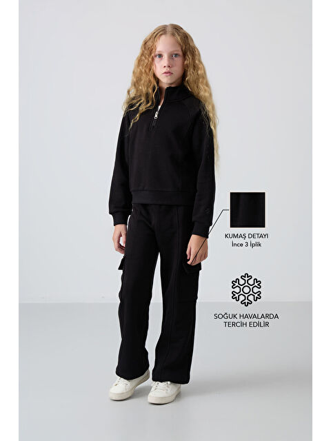 Tommylife Siyah Pamuklu İçi Tüylü Yumuşak Dokulu Standart Fit Nakışlı Kız Çocuk Eşofman Takım - 75159 - S000330218-19351