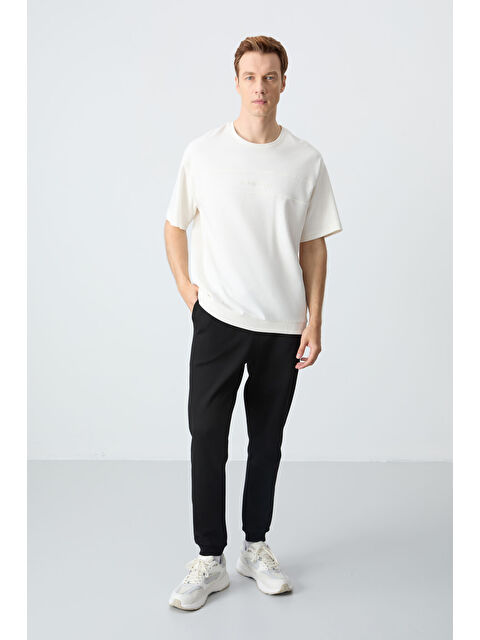 Air Jones Ekru Siyah Pamuklu Kalın Yumuşak Dokulu Oversize Fit Basic Erkek Eşofman Takım - 85261 - S000330206-5406