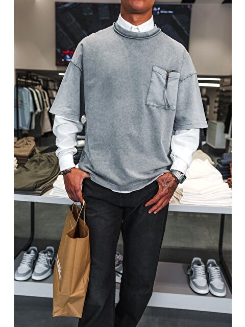 Abluka Online Erkek Yıkamalı Dikiş Detaylı Oversize Tişört Gri - S000365719-20600