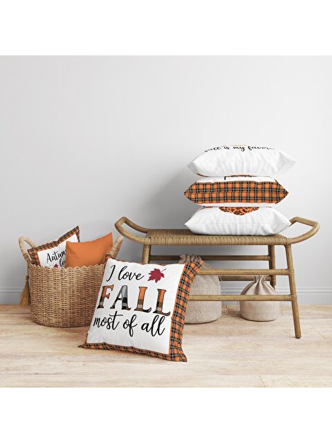 Evmila Kadife Doku Sonbahar Özel Kabak Desenli 4'lü Kırlent Seti - S000061137-23173