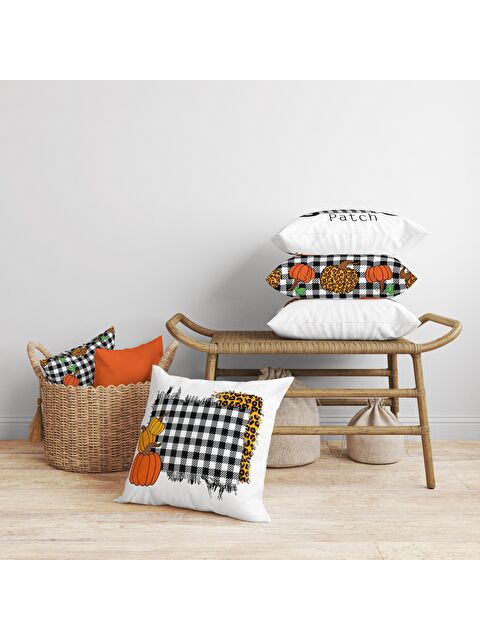 Evmila Kadife Doku Sonbahar Özel Kabak Desenli 4'lü Kırlent Seti - S000061133-23173