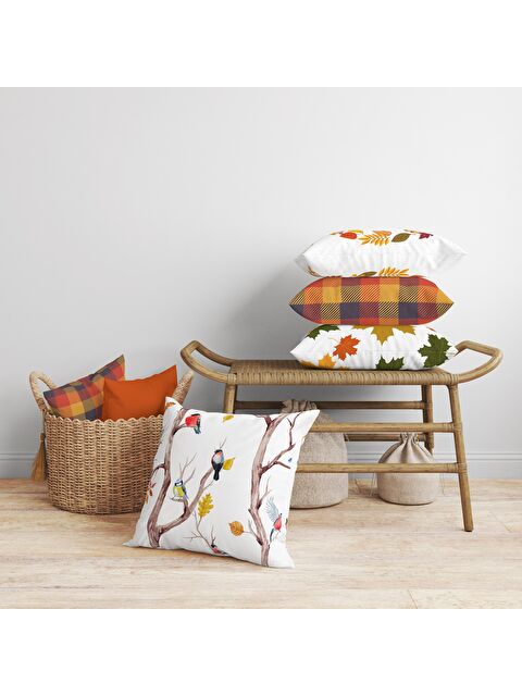 Evmila Kadife Doku Sonbahar Özel Kabak Desenli 4'lü Kırlent Seti - S000061143-23173