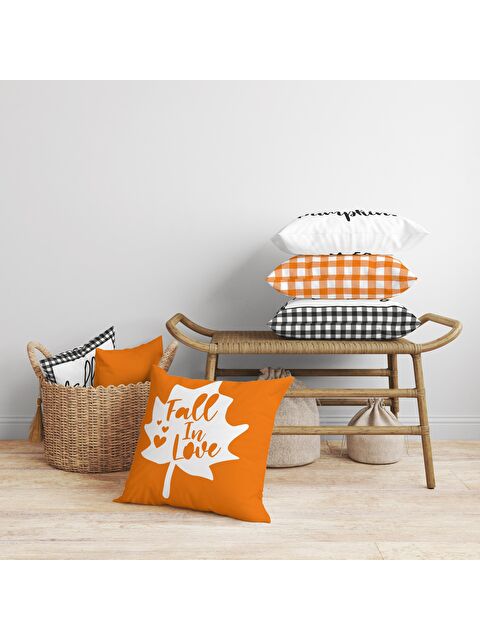 Evmila Kadife Doku Sonbahar Özel Kabak Desenli 4'lü Kırlent Seti - S000061141-23173