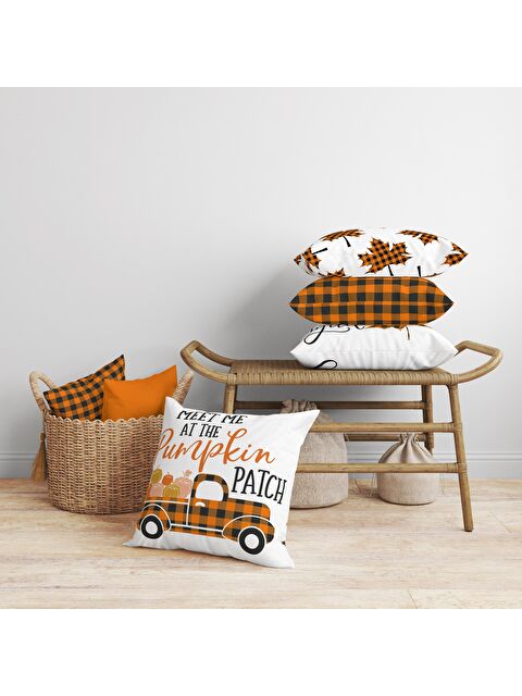 Evmila Kadife Doku Sonbahar Özel Kabak Desenli 4'lü Kırlent Seti - S000061149-23173