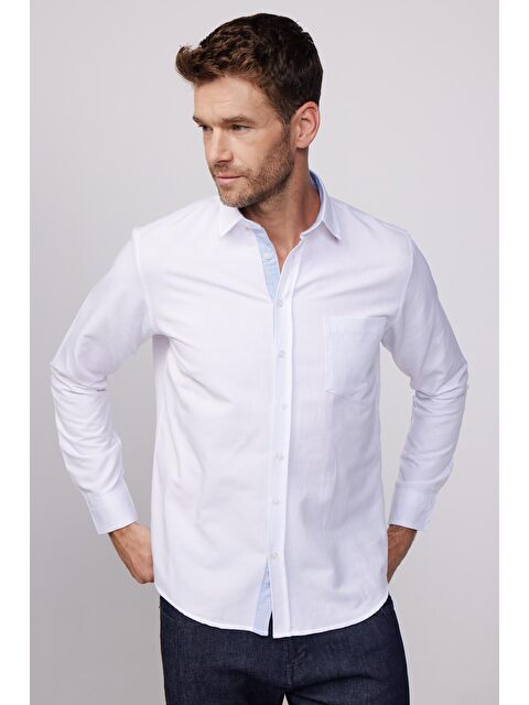 TUDORS Erkek Regular Fit Klasik Kesim Spor Yaka Armürlü Oxford Garnili Beyaz Gömlek - S000079181-20063