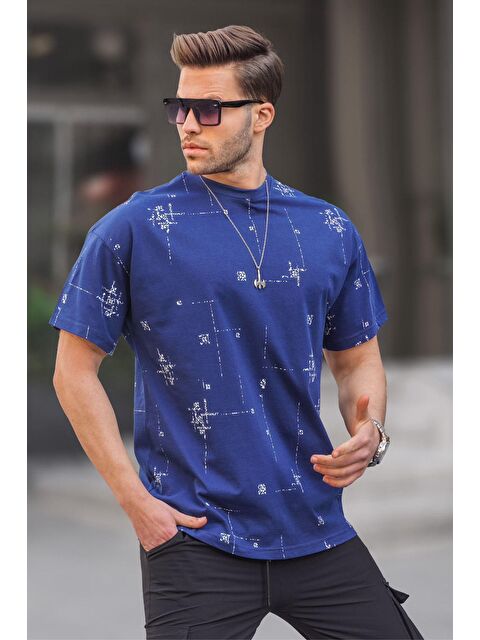 Madmext Lacivert Bisiklet Yaka Baskılı Erkek Tişört 6093 - S000015989-21164