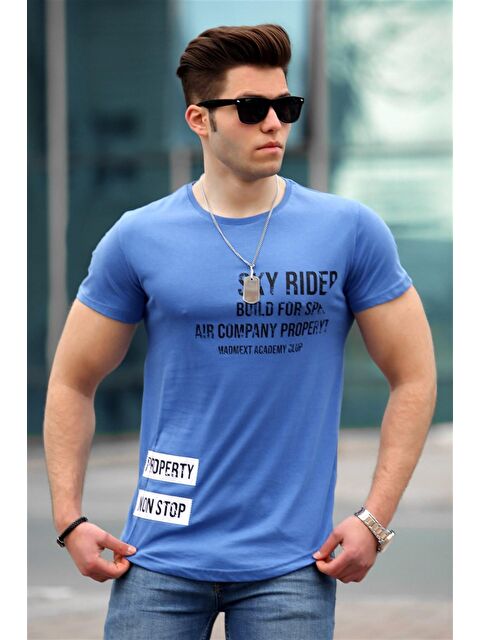 Madmext Baskılı Saks Erkek %100 Pamuk Tişört 4457 - S000039537-23710