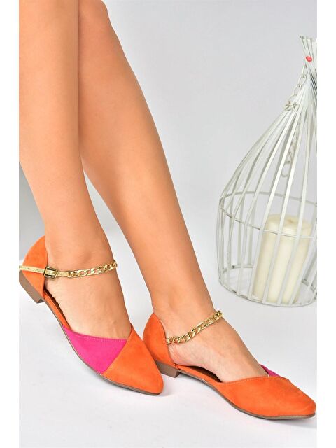 Fox Shoes Turuncu/Fuşya Süet Zincir Detaylı Kadın Babet P726054502 - S000031784-20013