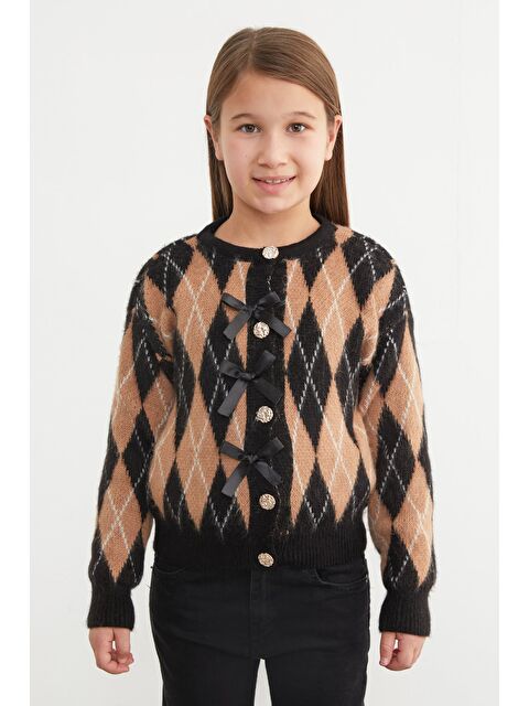 Fullamoda Baklava Desenli Fiyonklu Düğmeli Kız Çocuk Hırka - S000440404-19351