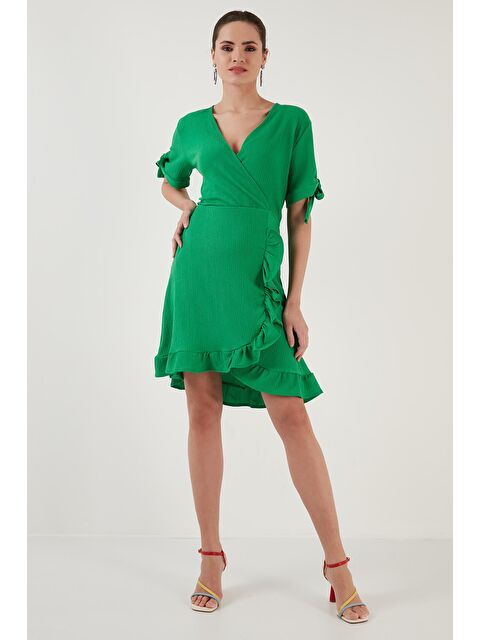 Lela Fırfırlı Kruvaze Yaka Kısa Kollu Krinkıl Esnek Elbise 5865016 - S000008692-18194