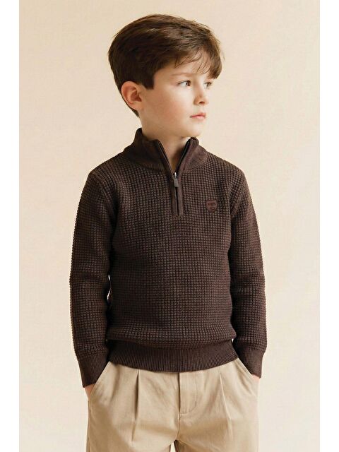 CİGİT Selanik Triko Fermuarlı Kazak 2-11 Yaş Kahve - S000474366-19413