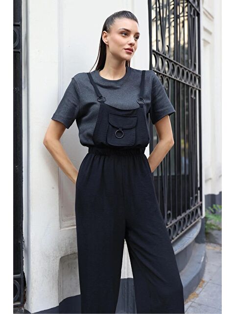 Hazelin Kadın Siyah Ayarlanabilir Askılı Önden Cepli Halka Detaylı Bol Paça Bahçıvan Tulum HZL24S-BD170231 - S000076013-19351