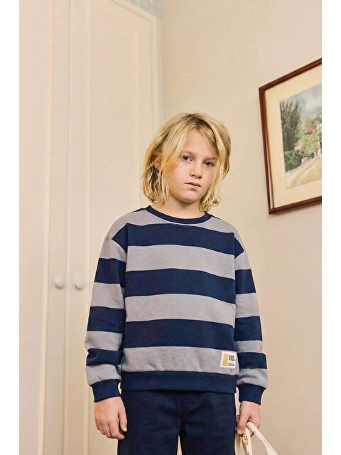 CİGİT Sweatshirt 4-12 Yaş Gri Lacivert Çizgili - S000473371-20600
