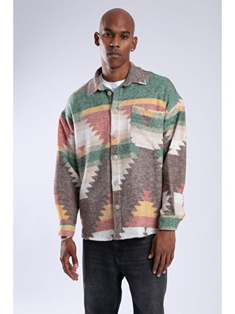 Xhan Kahverengi Etnik Desenli Oversize Gömlek 3YXE2-47565-18 - S000061174-19413