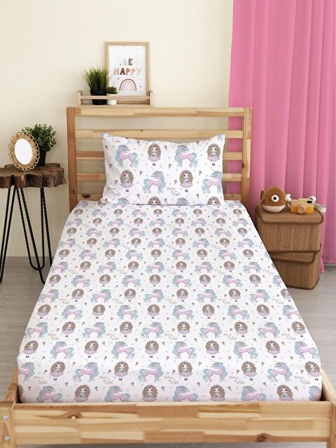Evmila Prenses Kız Ve  Desen Baskılı Tek Kişilik   Lastikli Çarşaf Seti 100x200 cm Beyaz - S000084361-23173