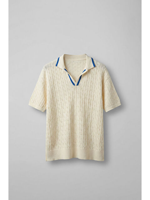 Abluka Online Erkek Yarım Pat Polo Yaka Desenli Triko Tişört Krem Mavi