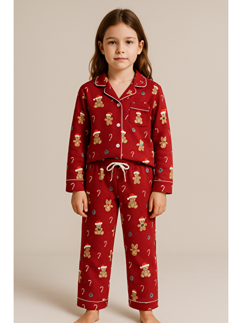 Katia And Bony Kız Çocuk Teddy Desenli Yılbaşı Temalı Pijama Takımı Kırmızı - S000468288-20045
