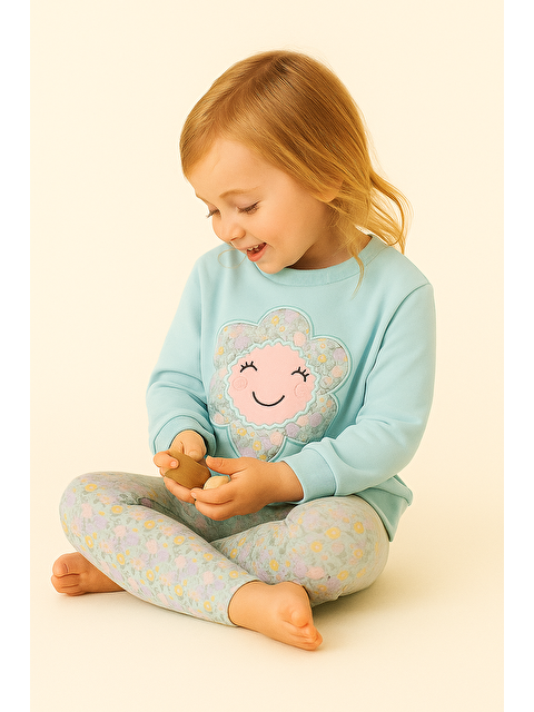 Katia And Bony Kız Çocuk Papatya Baskılı Pijama Takımı Turkuaz - S000447637-20055