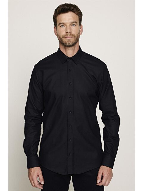 TUDORS Modern Fit %100 Pamuk Armürlü Premium Erkek Siyah Gömlek