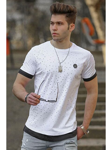 Madmext Beyaz Yırtık Detaylı Erkek Tişört 4489