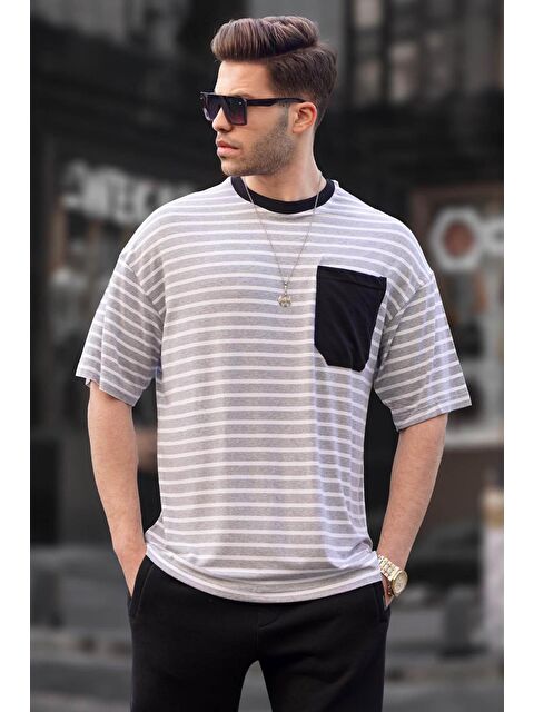 Madmext Erkek Gri Çizgili Basic Tişört 6084 - S000015961-20600